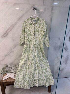 Green Floral Maxi Button-Front Dress with Collar